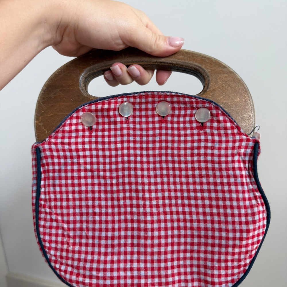 Vintage Wooden Handle Navy and Red Canvas 60s Purse
